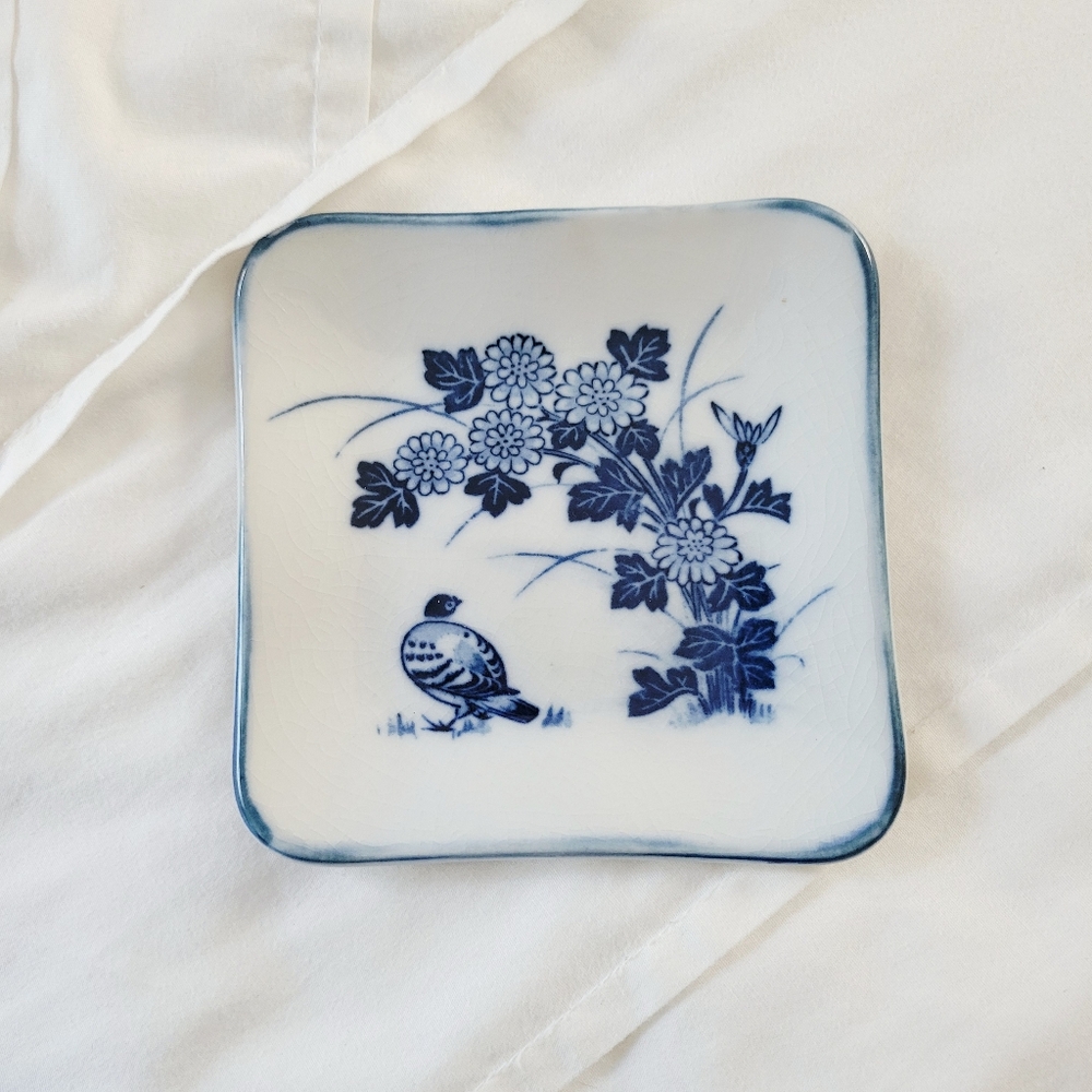 Vintage OMC Japan Handpainted Ceramic Bird Floral Decorative Plate Or Ring Dish